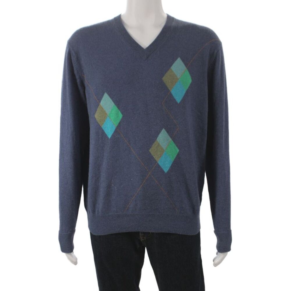 Raffi Mens V-Neck Argyle 100% Wool Pullover Sweater Dark Blue Size M